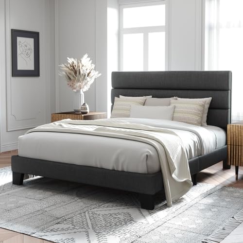 Allewie Queen Size Platform Bed Frame with Fabric Upholstered Headboard | Wooden Slats Support, Fully Upholstered Mattress Foundation, No Box Spring Needed, Easy Assembly, Noise-Free, Dark Grey