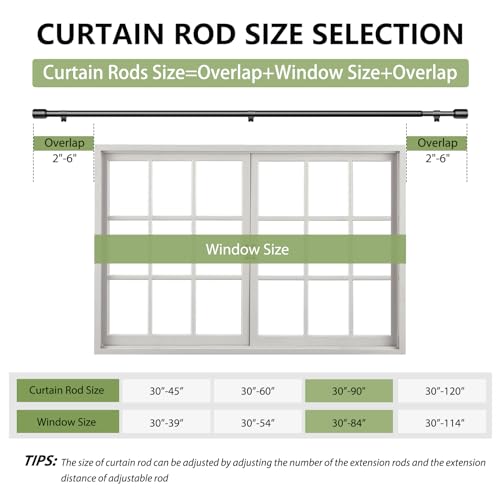 Curtain Rods 30-90 Inch, Adjustable Black Curtain Rods for Windows 1 Pack