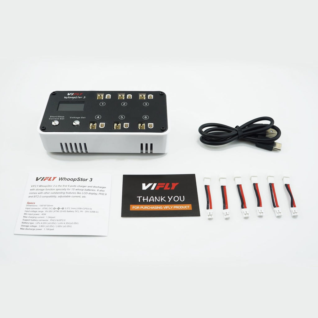 VIFLY WhoopStor V3 6 Ports 1S LiPo Battery Storage Charger and Discharger with LCD Display Tiny Whoop Charger with PH2.0 and BT2.0 Connectors