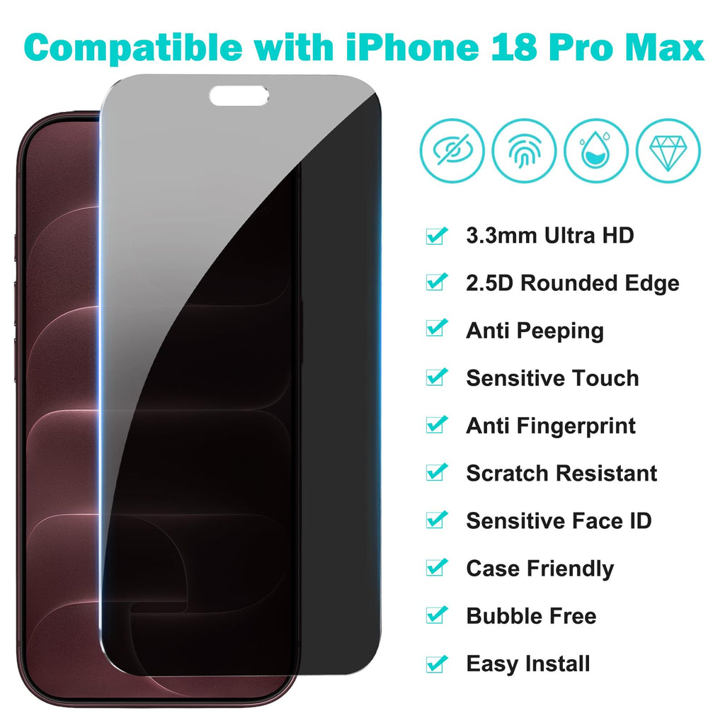PEHAEL for iPhone 18 Pro Max Privacy Screen Protector+Camera Lens Protector | 3+3 Pack, Installation Frame, Cleaning kits, Anti-Spy Private, Anti-Scratch, 9H Tempered Glass, Case Friendly