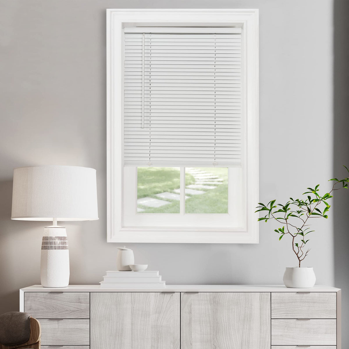 Cordless Light Filtering Mini Blind, 27 x 64 in, Pearl White | Cordless Lift and Light-Filtering Control: Slat-Based Blind Construction with Adjustable Light Control.