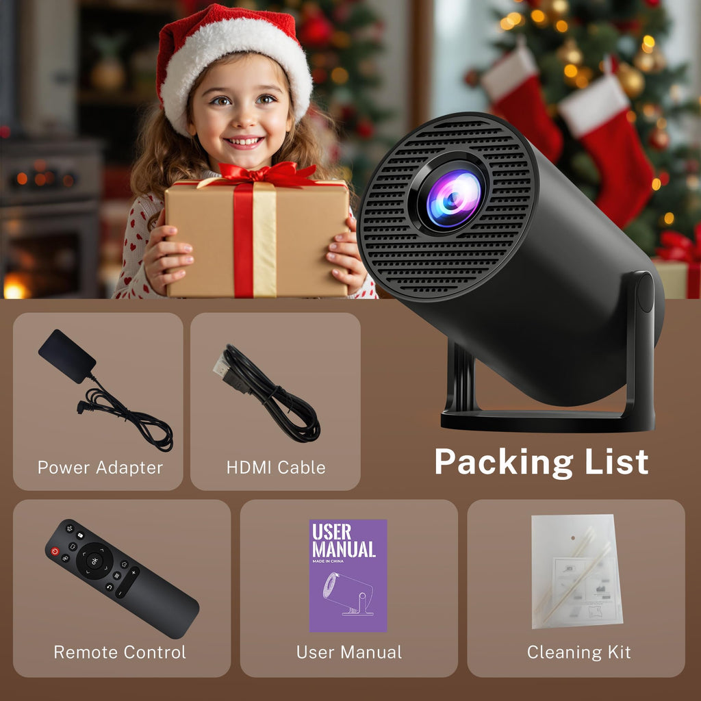 [Built-in Apps] Mini Projector 4K Supported, Android TV OS & Phone Remote | Projector with WiFi 6 & Bluetooth 5.4, Short Throw, Auto Keystone and 180° Rotation for Bedroom, Home Cinema and Outdoor Use