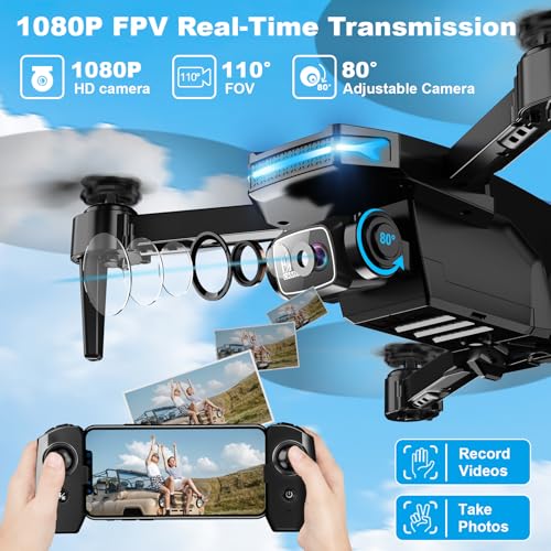 Drone with 1080P Camera - Foldable Remote Control RC Quadcopter FPV Drone | Camera Drone with Gesture Control, 3D Flip, One Key Start, Emergency Stop, 2 Batteries, Toy Drone for Kids Adult Beginners