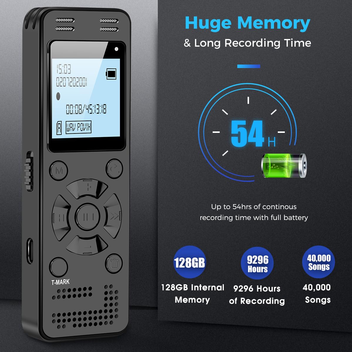 128GB Digital Voice Recorder for Lectures Meetings - EVIDA 9296 Hours Voice Activated Recording Device Audio Recorder with Playback,Password