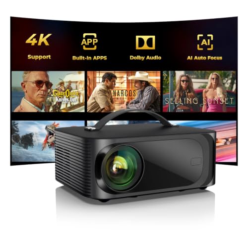 ONOAYO Outdoor-Projector-4K with AI Auto Focus,50WDolby Audio,Built-in Apps | High Brightness, Smart OS 2.0, Movie Projector with WiFi Bluetooth, Portable Proyector for Bedroom/Ceiling/Camping