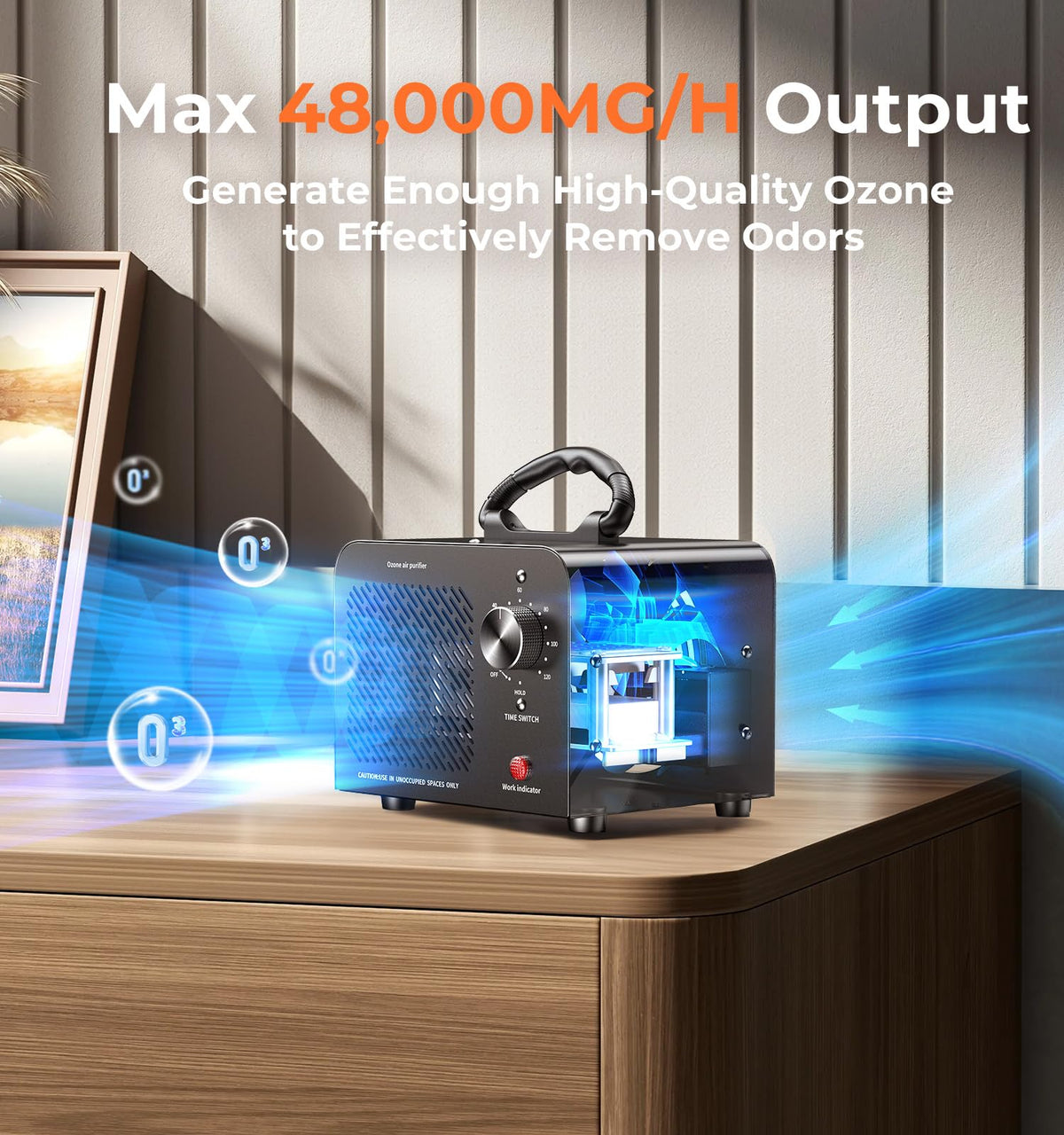 Ozone Generator 48,000mg, Ozone Machine Odor Eliminator Removal, O3 Ionizer | Commercial High Capacity Air Purifier Deodorizer, Portable Mini for Car, Home, Smoke, Pets, Industrial, for 4000 Sq. Ft-Black