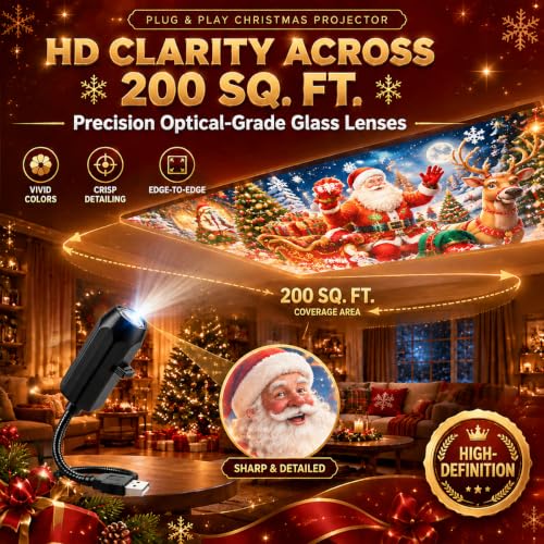 10 Pack Plug and Play HD Christmas Projector, 10 Festive Scenes, 360° Flexible Neck for Bedroom,Home Theater,Car