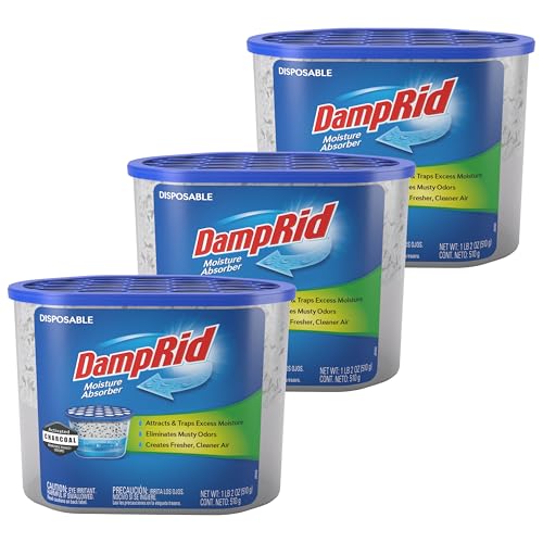 DampRid Fragrance Free Disposable Moisture Absorber & Odor Remover with Activated Charcoal, 18 oz., 3 Pack, Lasts Up To 60 Days, No Electricity Required
