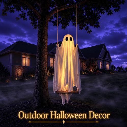 5FT Large Outdoor Halloween Decorations Swing Hanging Ghost for Porch, Yard | Ready to Hang Setup, Height-Adjustable Swing, Timer Remote Lights Strings, Draped Smooth Fabric, Porch Yard Lawn Tree Decor