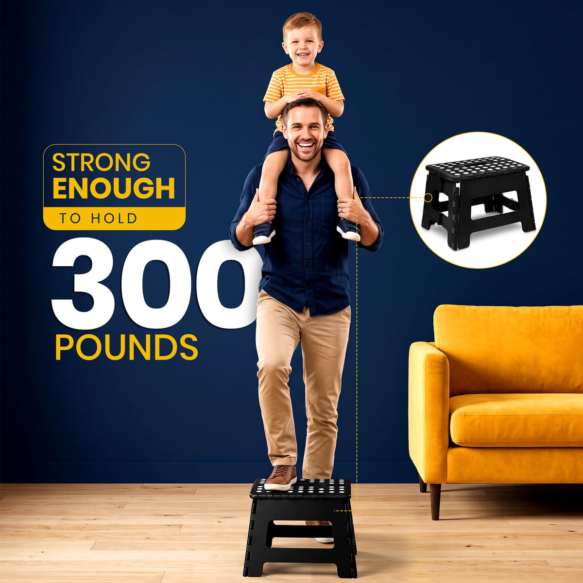 Utopia Home Folding Step Stool 9 Inch, Anti-Slip, Black, 1-Pack | Foldable step stool with anti-slip surface, built-in handle, and 300 lbs support for safe home use