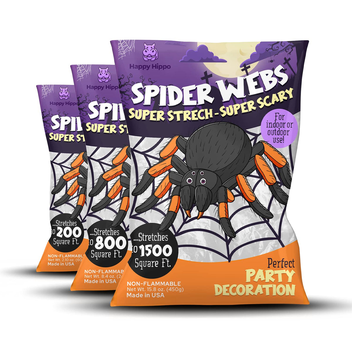 Happy Hippo Halloween Spider Web Decoration, 200 Square Feet & Plastic Spiders, Halloween Party Supplies, Spider Webs (Small, 200 Sq Feet) (8 Fake Spiders Included)