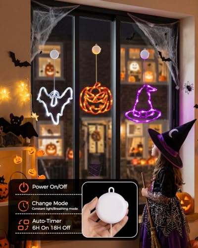 Minetom 3 Pack Halloween Windows Lights - Pumpkin, Ghost, Hat with Timer | Battery Operated Halloween Lights with Firm Suction Cup, Halloween Decorations for Windows, Doors, Balconies, Wardrobes