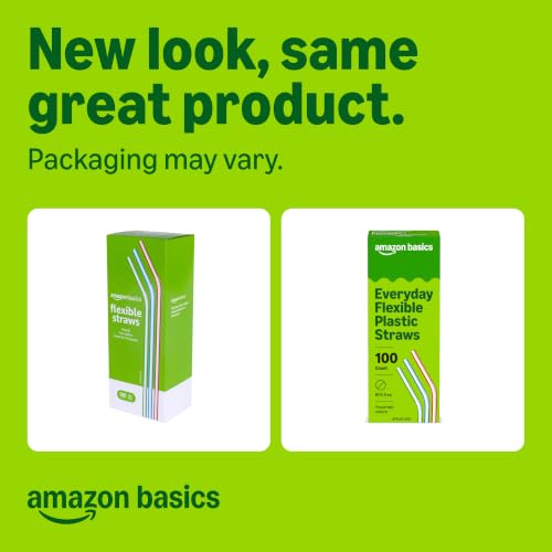 Amazon Basics Disposable Striped Plastic Flex Straws, Assorted Colors, 100 Count, Large Pack, Packaging May Vary