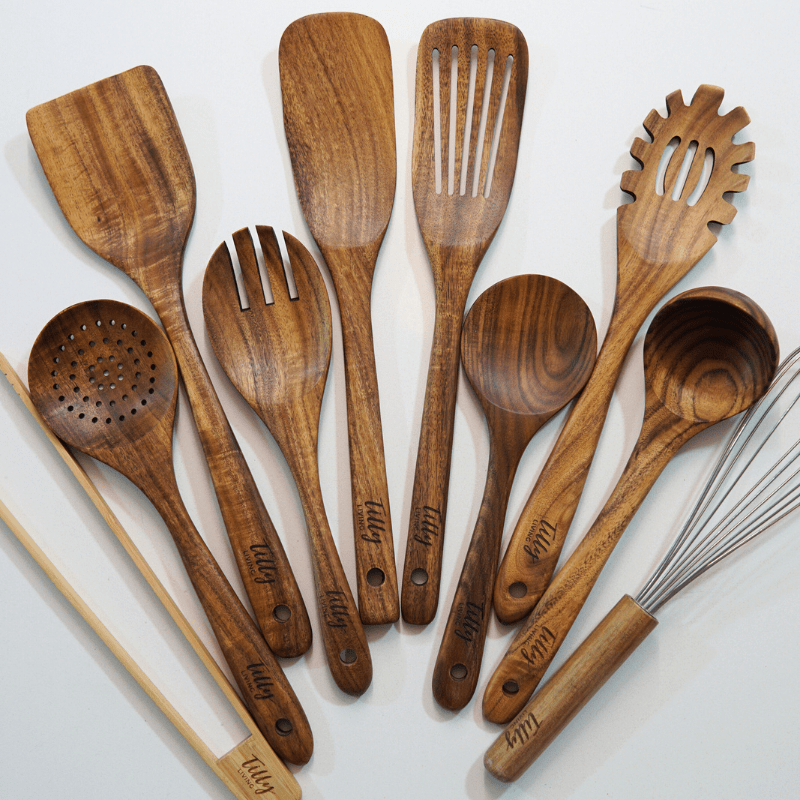 10 Piece Teak Wooden Utensil Set + Caddy Bundle
