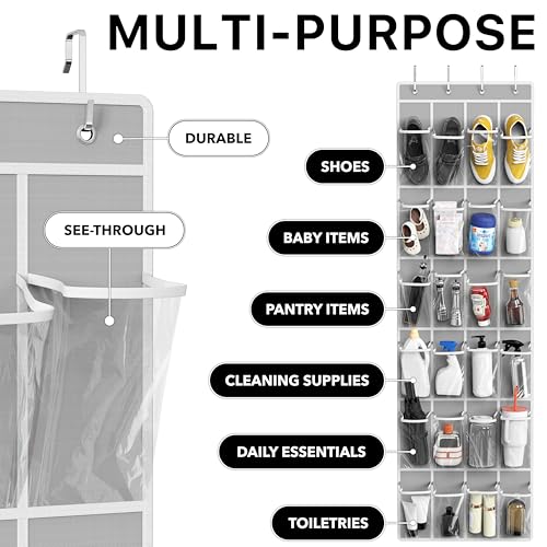 Simple Houseware 24 Pockets Clear Over the Door Shoe Organizer, Gray | 64" x 19", 4 Durable Metal Hooks, 4.3" x 9.5" Pocket Size, Multipurpose