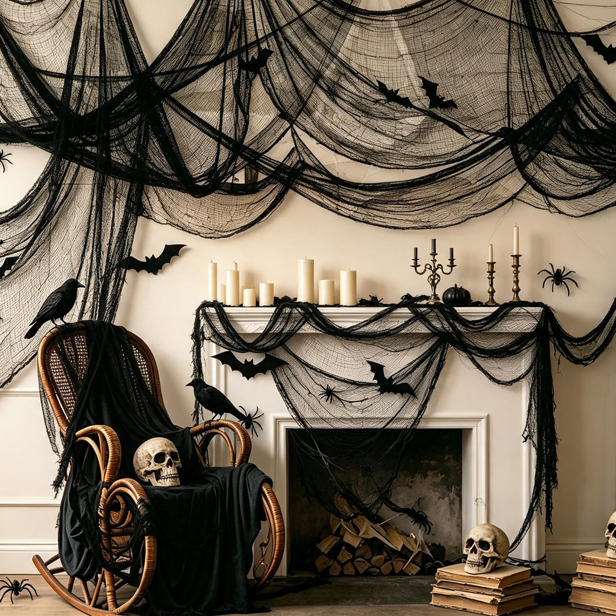 8 Pack Halloween Black Gauze Wall Decor,Outdoor Halloween Fake Spider Web Decorations Webbing,Cobwebs Mesh Spooky Fabric,30X72 in Black Cheesecloth for Haunted House Indoor Creepy Cloth (8, Black)