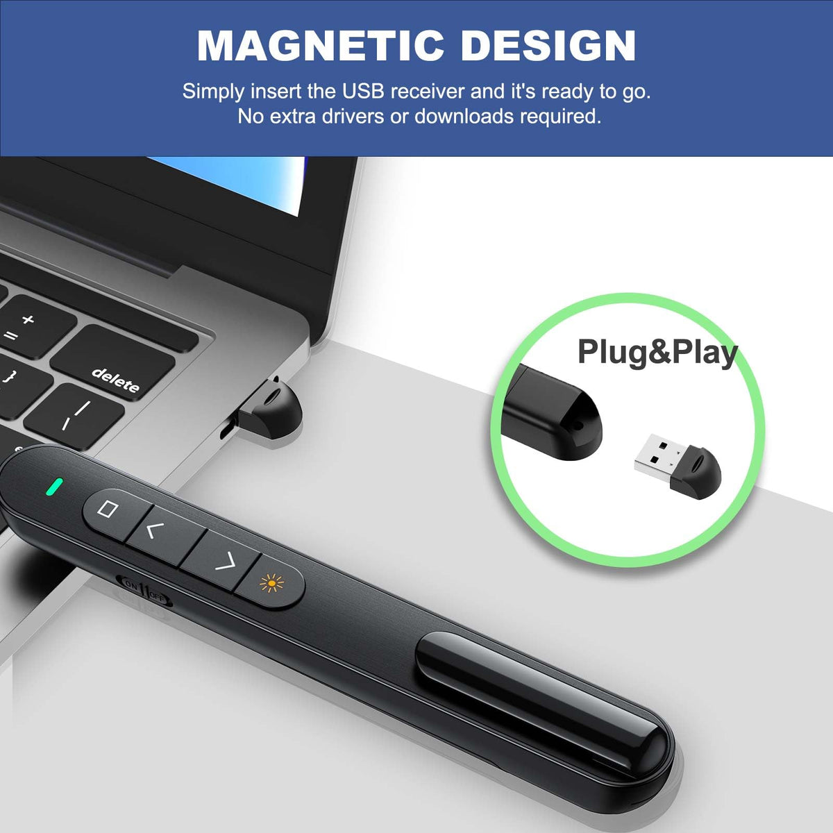 QUI Presentation Clicker with Volume Control, Wireless Presenter Remote | Plug & Play 2.4GHz USB Slide Advancer Compatible with Mac/Windows, Works with PowerPoint, Keynote, and Google Slides