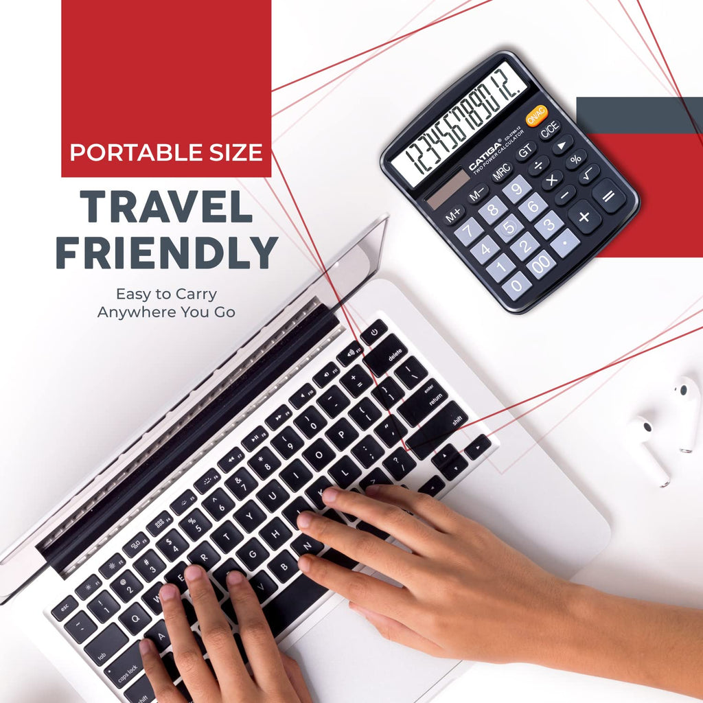 CATIGA 12 Digit Desk Calculator, Desktop Calculators with Large LCD Display & Big Buttons, Basic Simple 4 Function Solar Calculator, Dual Power Solar & Battery for School, Office & Home (CD-2786)