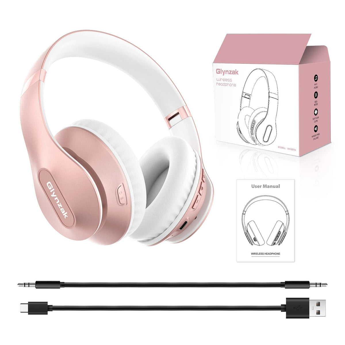 Glynzak Wireless Bluetooth Headphones Over Ear V6.0 HiFi Stereo with Mic | 65H Playtime 6EQ Modes Foldable Bluetooth Headset with Microphone for Travel Smartphone Computer Laptop Rose Gold