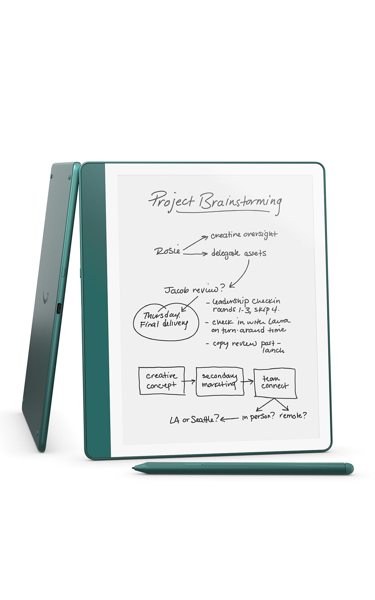 Like-New Amazon Kindle Scribe (64GB) - Your notes, documents and books, all in one place. With built-in AI notebook summarization. Includes Premium Pen - Metallic Jade