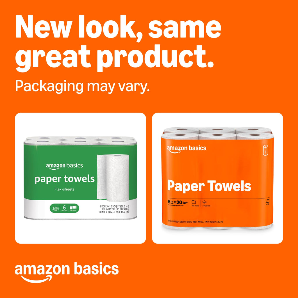 Amazon Basics 2-Ply Flex-Sheets Paper Towels, 12 Basics Rolls = 40 Regular Rolls, Everyday Value with 150 Sheets per Roll, Packaging May Vary