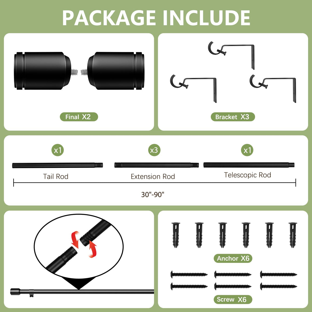 Curtain Rods 30-90 Inch, Adjustable Black Curtain Rods for Windows 1 Pack