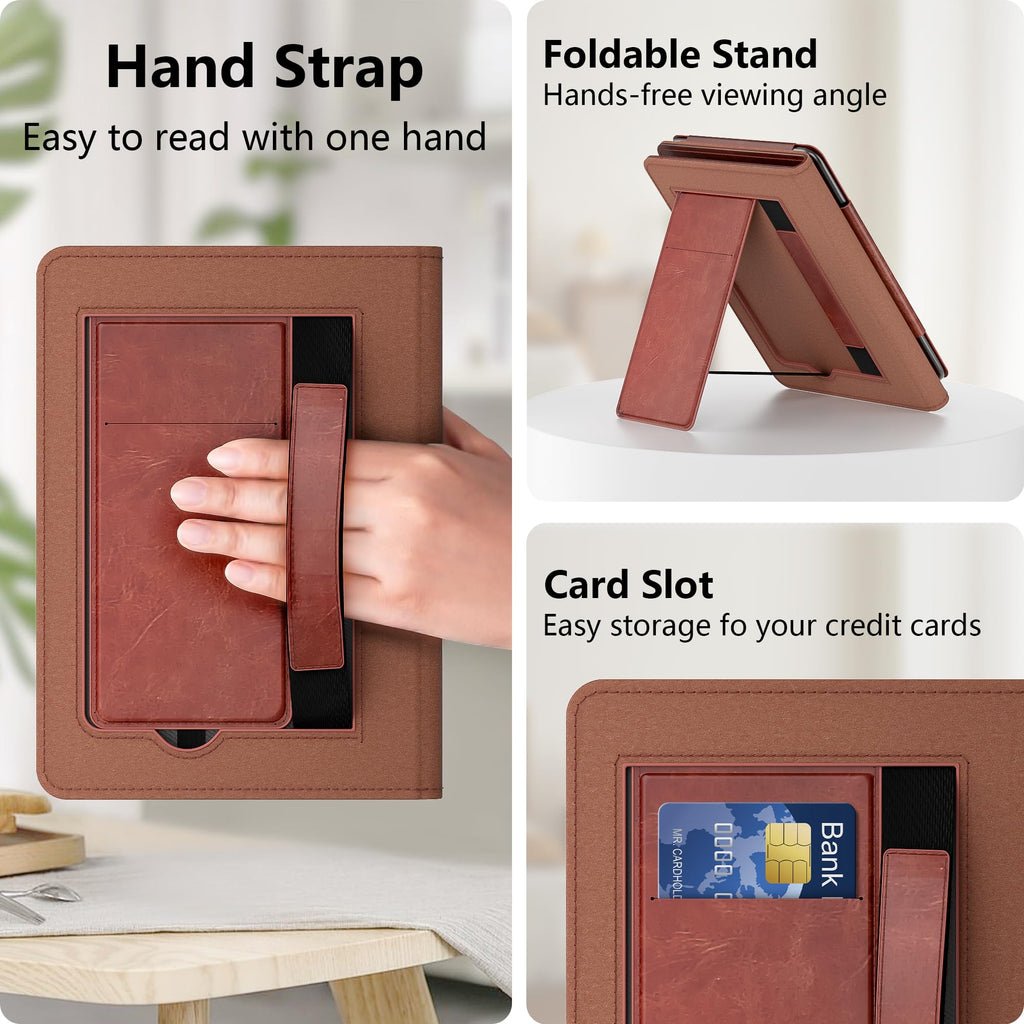 Kindle 6 Inch Case for 6" Kindle (11th Generation, 2024/2022),Vintage Brown | Lainergie Smart Lightweight Slim Durable High Quality PU Shell Cover with Stand, Hand Strap, Auto-Wake/Sleep