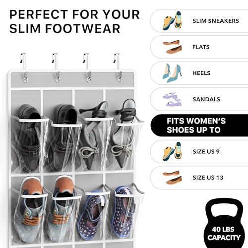 Simple Houseware 24 Pockets Clear Over the Door Shoe Organizer, Gray | 64" x 19", 4 Durable Metal Hooks, 4.3" x 9.5" Pocket Size, Multipurpose
