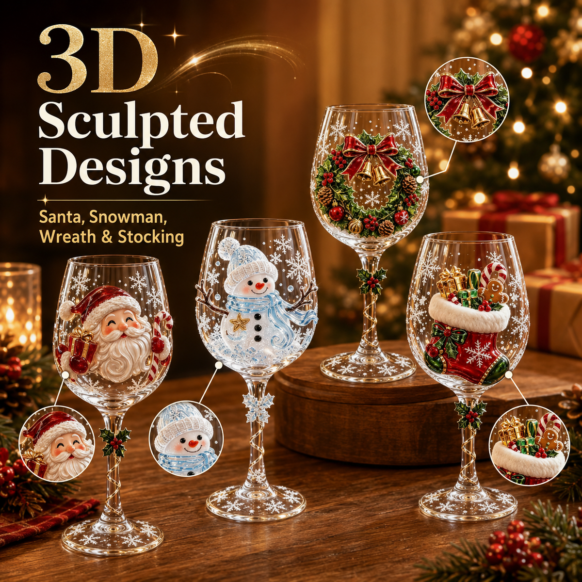 🎨 Deluxe 3D Sculpted Christmas Wine Glass Set (6-Piece) — Luxury Gift Box