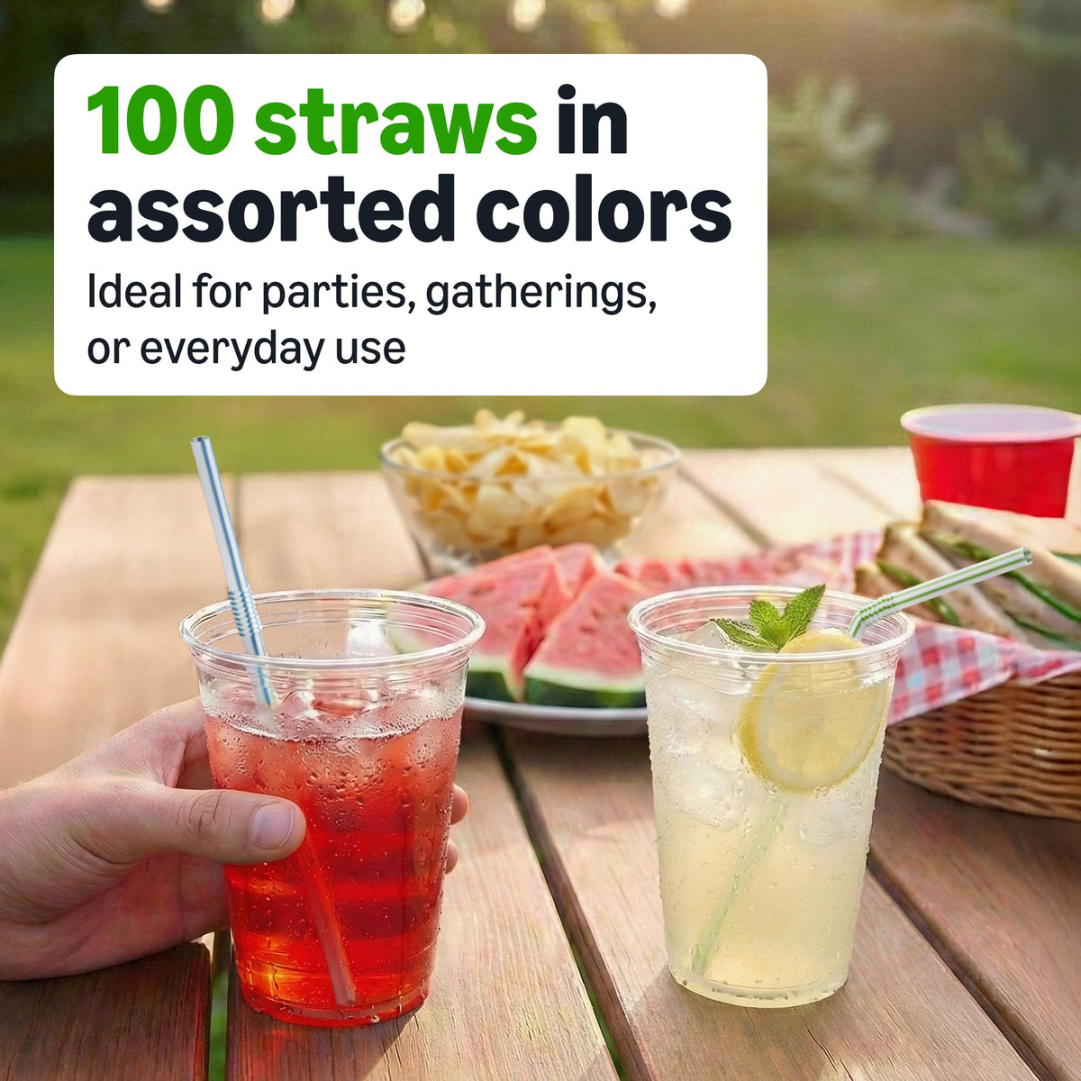 Amazon Basics Disposable Striped Plastic Flex Straws, Assorted Colors, 100 Count, Large Pack, Packaging May Vary