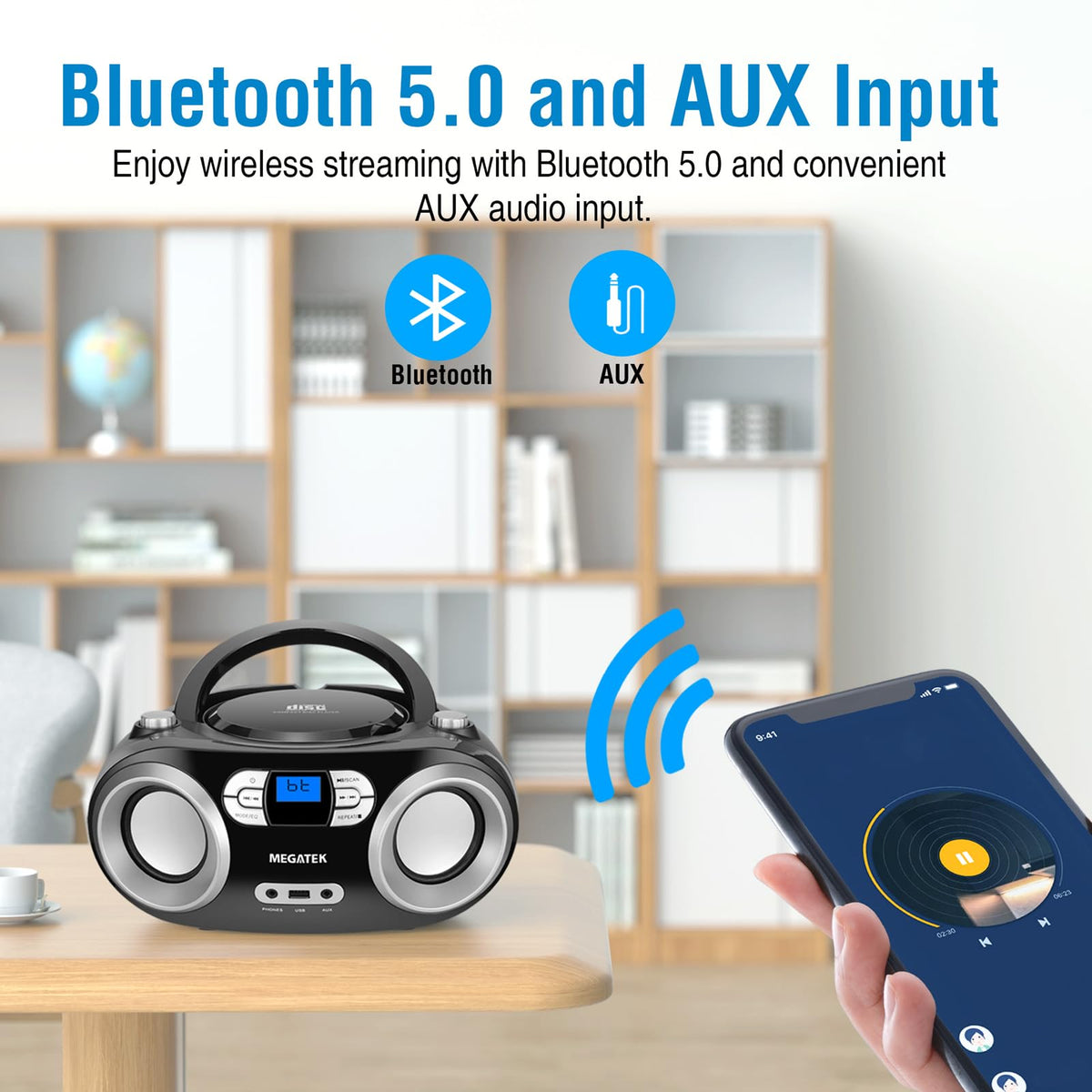 MEGATEK Portable CD Player Boombox with Bluetooth & FM Radio – Black | USB Playback, Clear Stereo Sound, AUX Input, Headphone Jack, CD-R/RW & MP3-CD Support, LCD Display, AC/Battery Powered