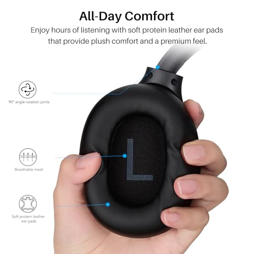 TOZO HT3 Hybrid Noise Cancelling Wireless Headphones, 90H Over Ear Headset | Hi Res Audio, AI Voice Assistant, Dual Device Connection, 32 Custom EQs, Built In 5 Mics, ANC, Foldable, Bluetooth 6.0 Black