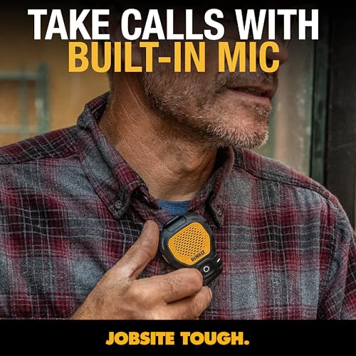DEWALT Mini Wearable Bluetooth Speaker, Clip-On Jobsite Pro (Yellow) | Water-Resistant Portable Wireless Speaker (Non-Magnetic), Built-in Mic for Hands-Free Music/Calls, Bluetooth Speaker