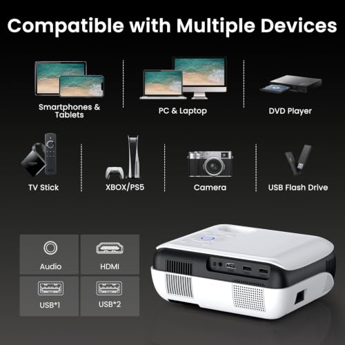 HAPPRUN Native 1080P Bluetooth Projector - Standard | Native 1080P • Mini & Portable • Easy Setup • Built-in Speaker • HDMI for PC, Laptop & PS5