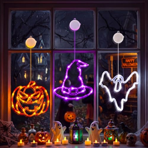Minetom 3 Pack Halloween Windows Lights - Pumpkin, Ghost, Hat with Timer | Battery Operated Halloween Lights with Firm Suction Cup, Halloween Decorations for Windows, Doors, Balconies, Wardrobes
