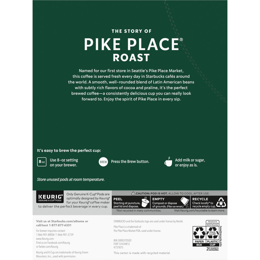 Starbucks K-Cup Coffee Pods, Medium Roast Hot or Iced Coffee, Pike Place Roast, 96 Keurig Pods ​