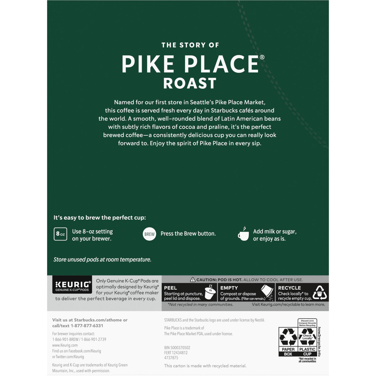 Starbucks K-Cup Coffee Pods, Medium Roast Hot or Iced Coffee, Pike Place Roast, 96 Keurig Pods ​