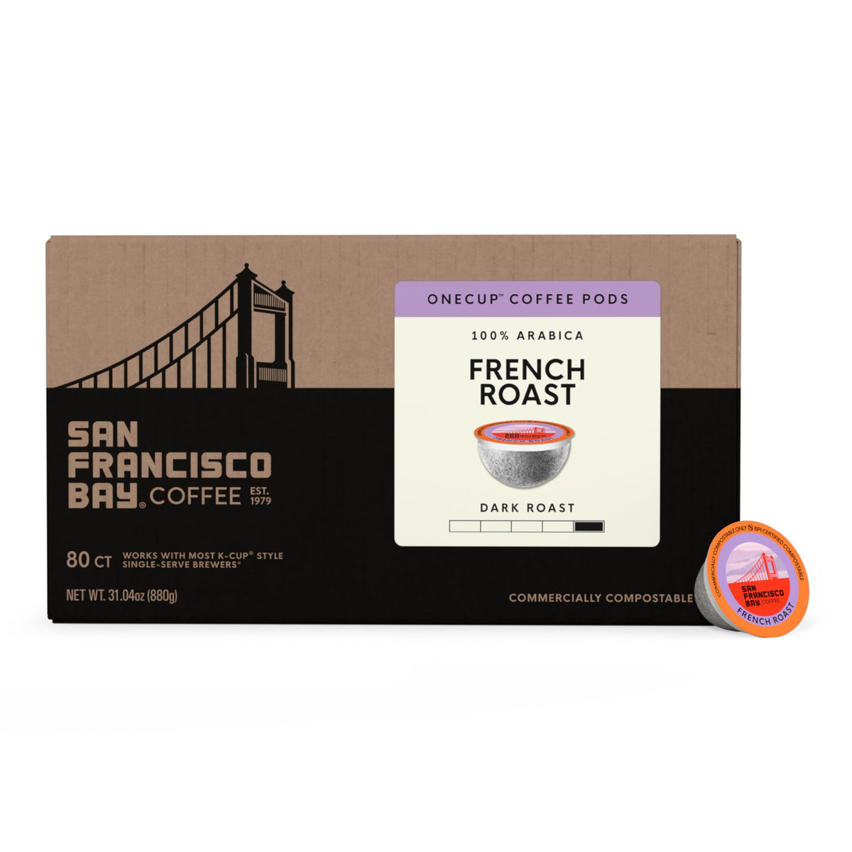 San Francisco Bay French Roast K-Cup Compatible Coffee Pods, 80 ct | Commercially compostable single-serve pods, dark roast delivers a bold, smooth cup in any K-Cup brewer
