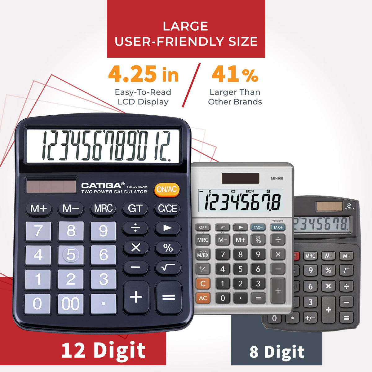 CATIGA 12 Digit Desk Calculator, Desktop Calculators with Large LCD Display & Big Buttons, Basic Simple 4 Function Solar Calculator, Dual Power Solar & Battery for School, Office & Home (CD-2786)