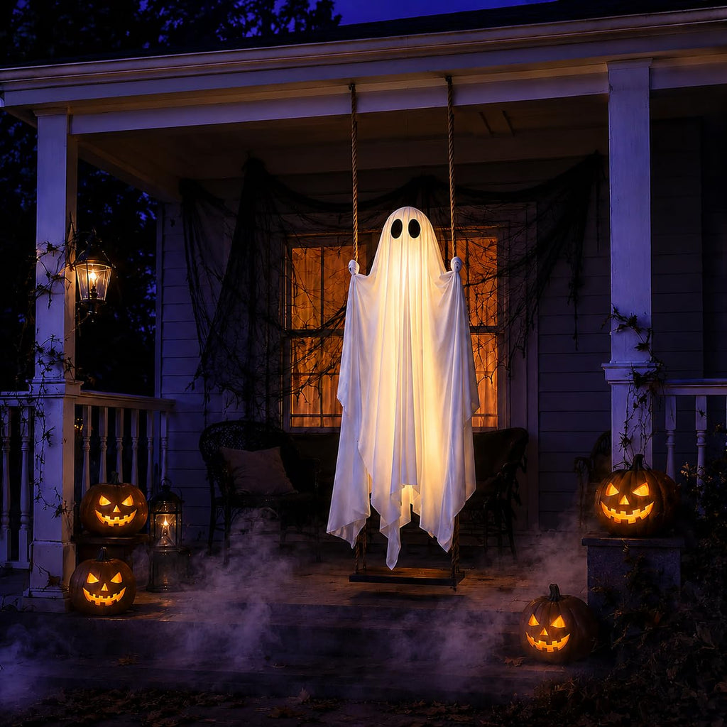 5FT Large Outdoor Halloween Decorations Swing Hanging Ghost for Porch, Yard | Ready to Hang Setup, Height-Adjustable Swing, Timer Remote Lights Strings, Draped Smooth Fabric, Porch Yard Lawn Tree Decor