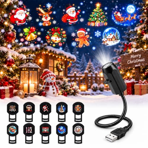10 Pack Plug and Play HD Christmas Projector, 10 Festive Scenes, 360° Flexible Neck for Bedroom,Home Theater,Car