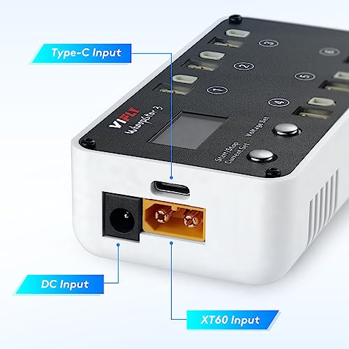 VIFLY WhoopStor V3 6 Ports 1S LiPo Battery Storage Charger and Discharger with LCD Display Tiny Whoop Charger with PH2.0 and BT2.0 Connectors