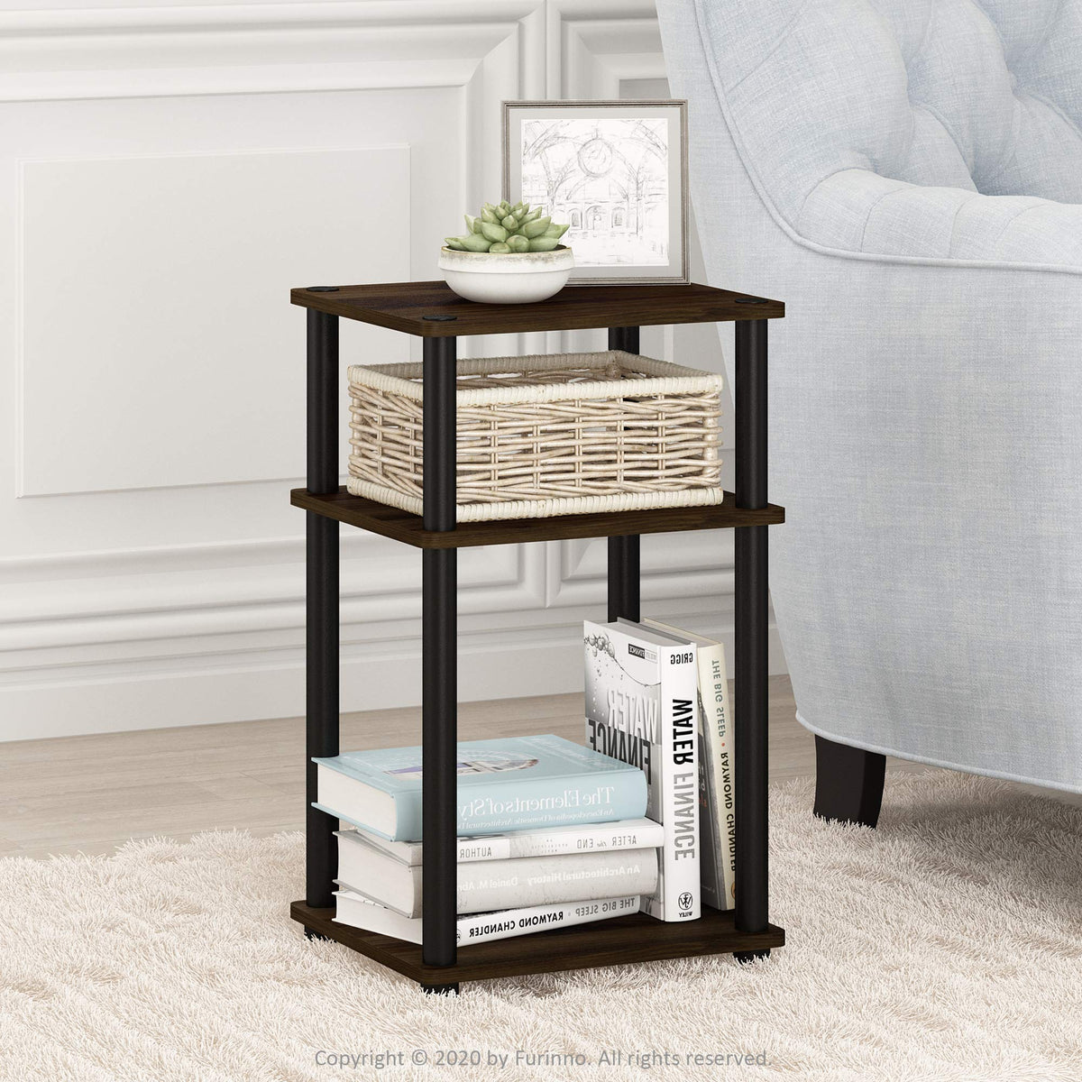 Furinno JUST Toolless 3-Tier Side Table, Open Shelf, Columbia Walnut | Soft-Corner, End Table, Night Stand, Bedside Table, for Living Room, Bedroom, Bathroom