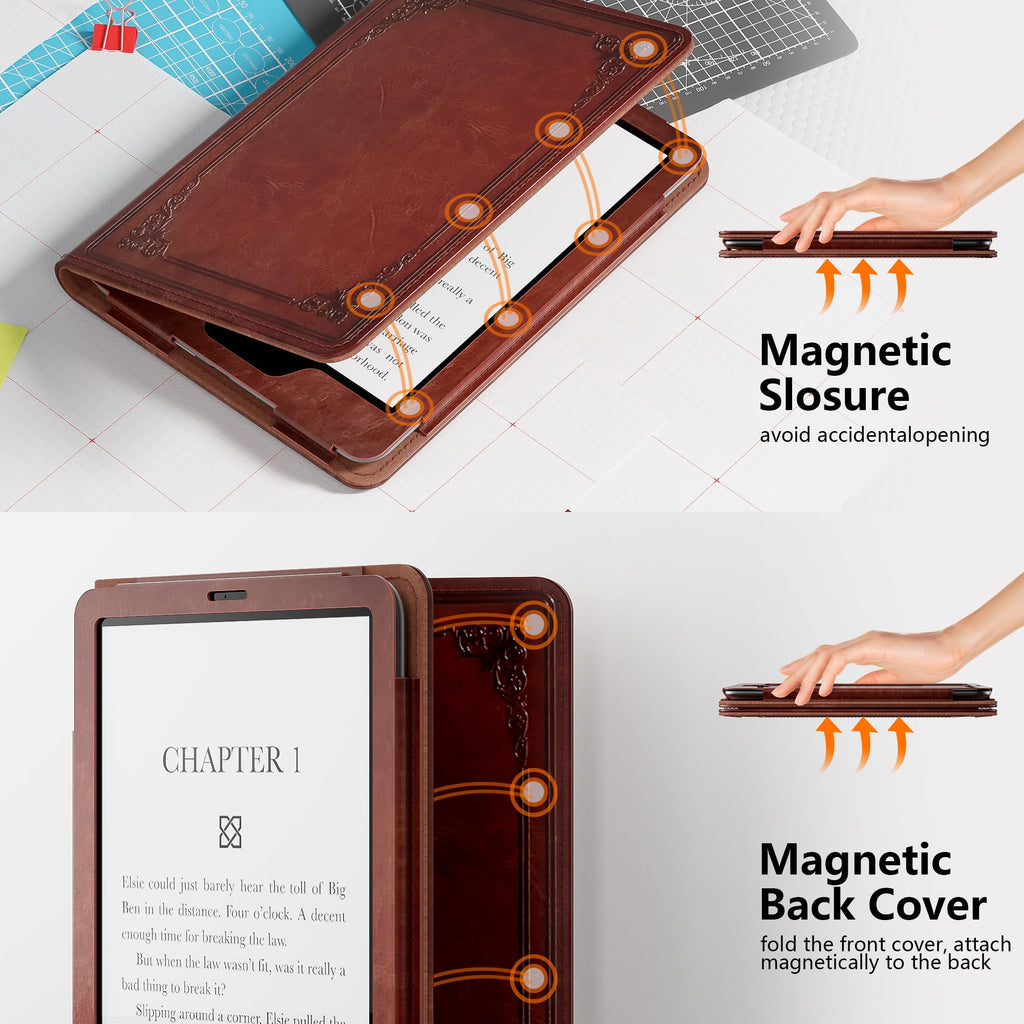 Kindle 6 Inch Case for 6" Kindle (11th Generation, 2024/2022),Vintage Brown | Lainergie Smart Lightweight Slim Durable High Quality PU Shell Cover with Stand, Hand Strap, Auto-Wake/Sleep