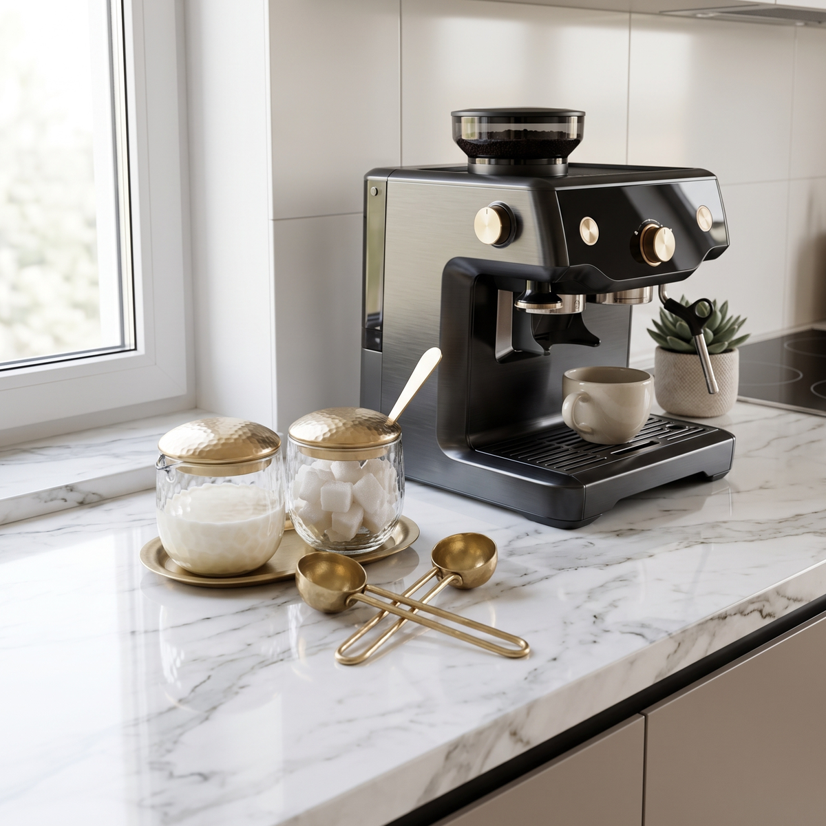 Handblown Sugar and Creamer Set with Brass Tray