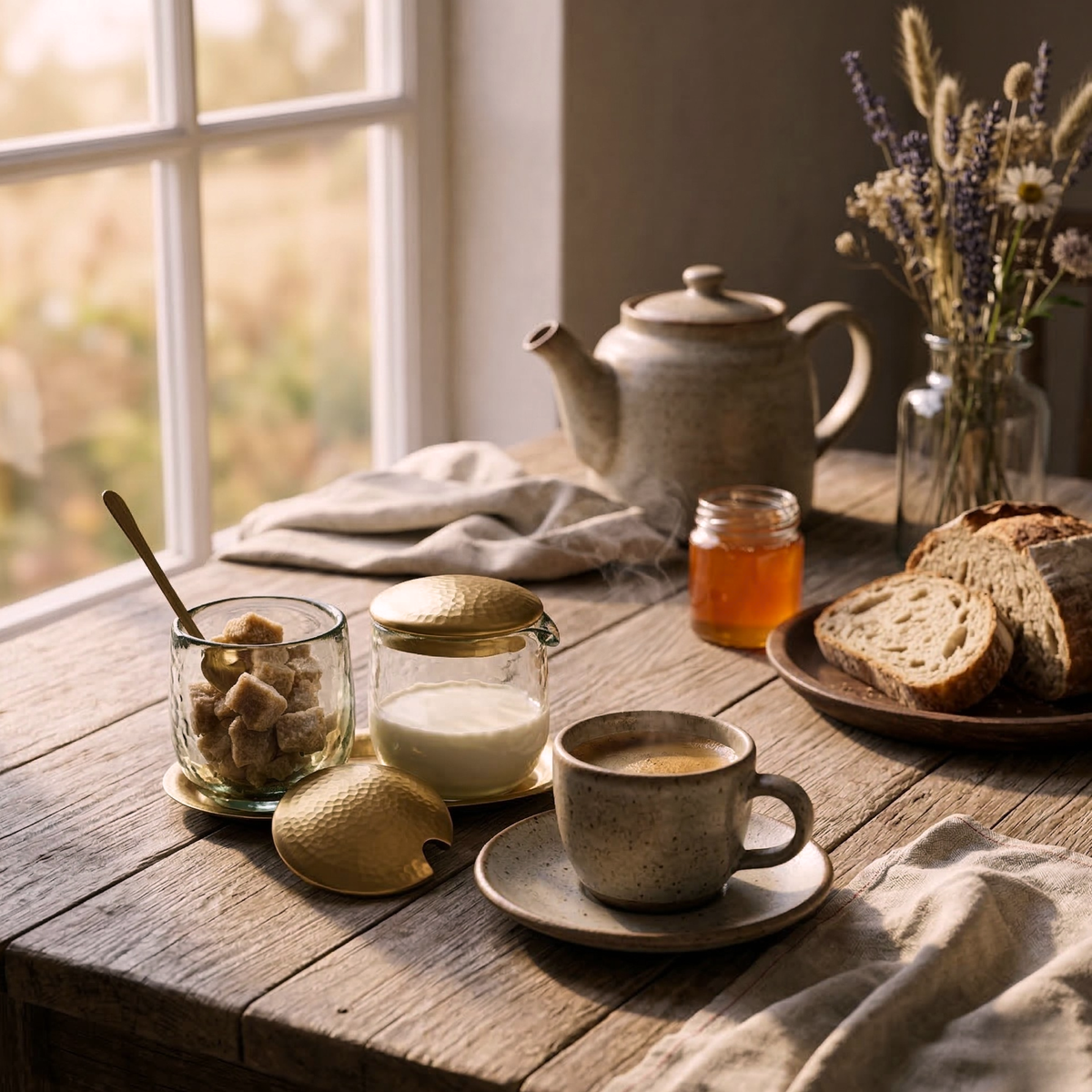 Handblown Sugar and Creamer Set with Brass Tray