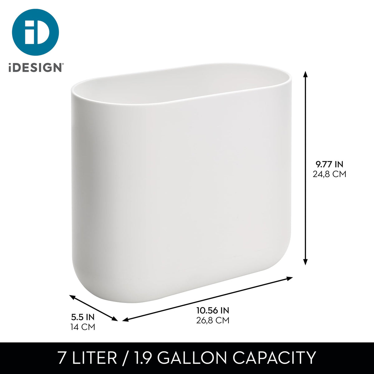 iDesign Small Slim Plastic Bathroom Trash Can, White | Bedroom, Office, Desk, Dorm