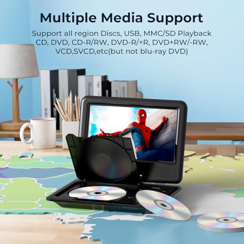 DBPOWER 11.5" Portable DVD Player, 5-Hour Built-in Rechargeable Battery, 9" Swivel Screen, Support CD/DVD/SD Card/USB, Remote Control, 1.8 Meter Car Charger, Power Adaptor and Car Headrest (Black)