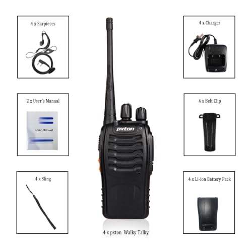 pxton Walkie Talkies Long Range for Adults with Earpieces,16 Channel Walky Talky Rechargeable Handheld Two Way Radios with Flashlight Li-ion Battery and Charger（4 Pack）