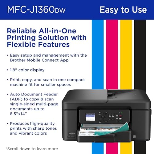 Brother Work Smart 1360 Wireless Color Inkjet All-in-One Print, Scan, Copy | Best-for-home, duplex printing, auto document feeder, mobile printing, 1.8” display, works with Alexa